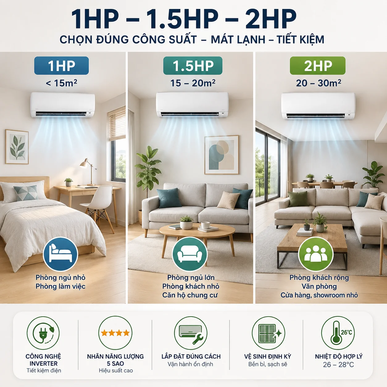 M&aacute;y lạnh 1HP, 1.5HP v&agrave; 2HP kh&aacute;c nhau như thế n&agrave;o